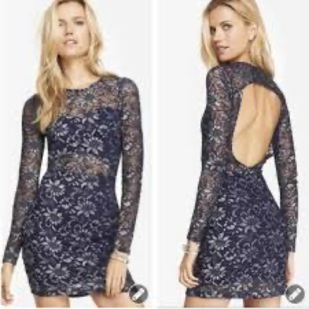 Express Navy and Silver Floral Lace Long Sleeve Dress XS